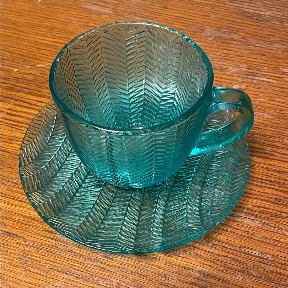 Elegant Teal Glass Mug and Saucer Set